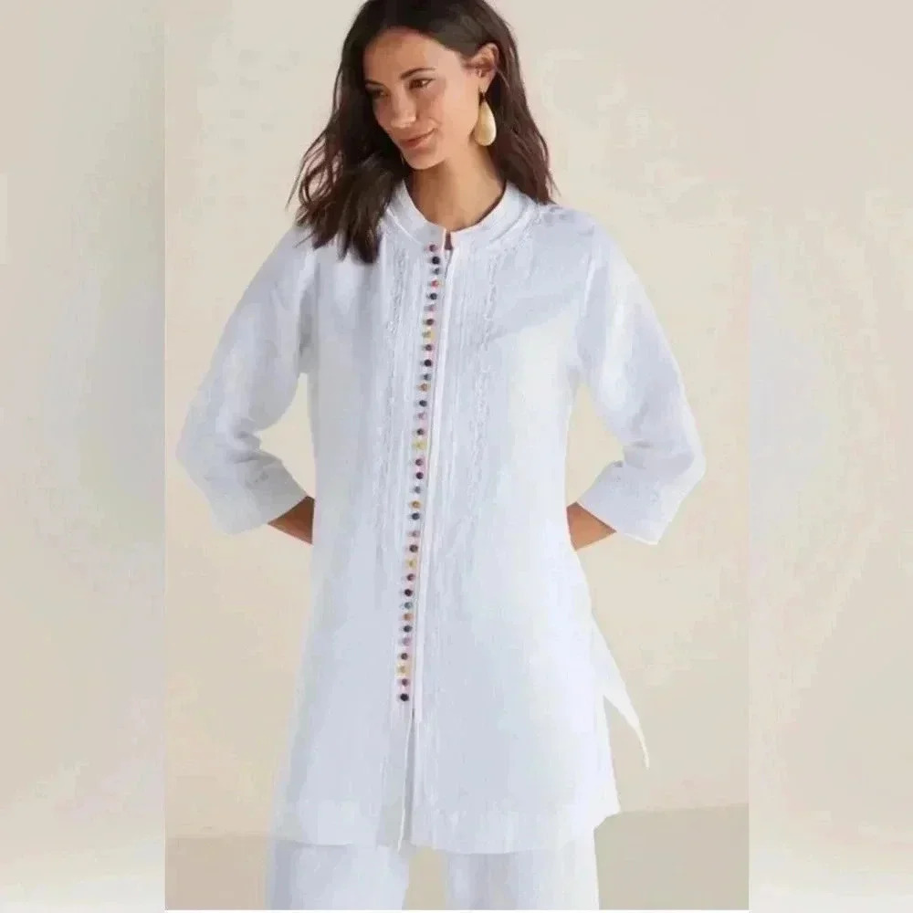 Soft Surroundings White Desert Tunic Top Sz 1X Linen Button Front Long Sleeve